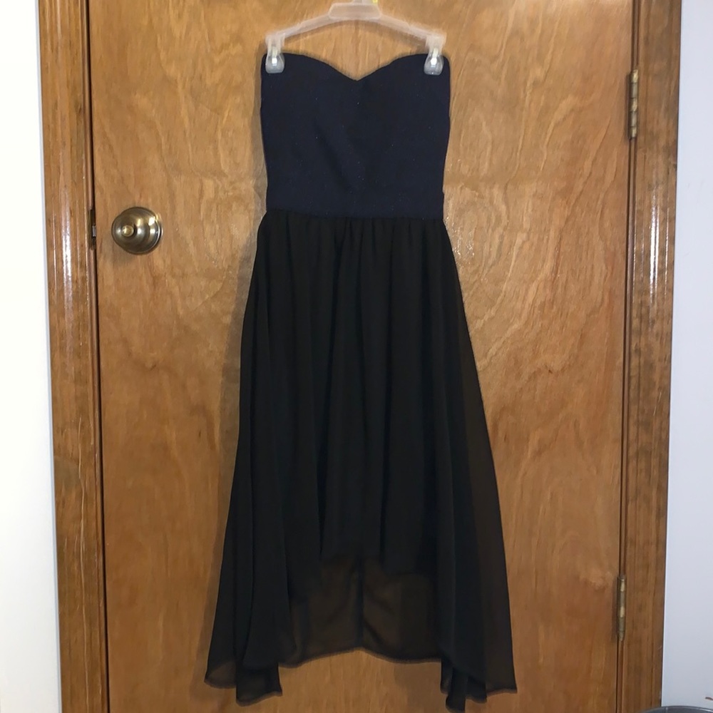 Navy Blue and Black high-low strapless dress with sparkles